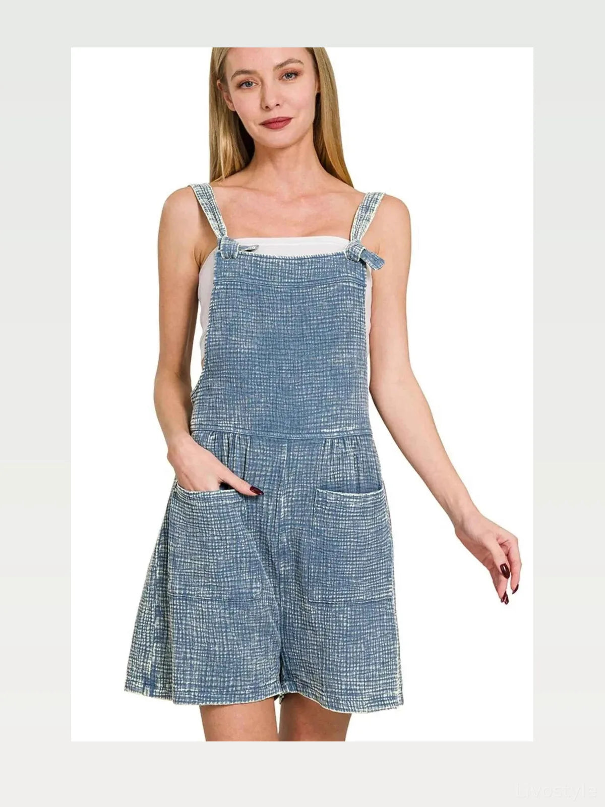 Woven Double Gauze Acid Washed Romper in DUSTY BLUE — styled showcase — Livostyle