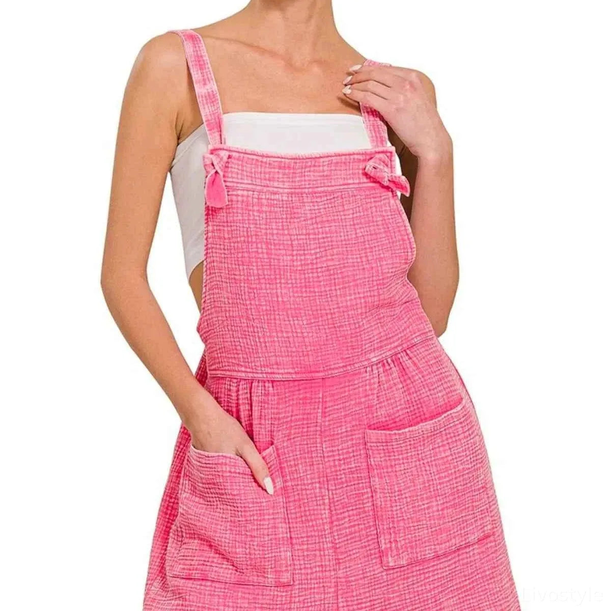 Woven Double Gauze Acid Washed Romper in FUCHSIA — square view — Livostyle