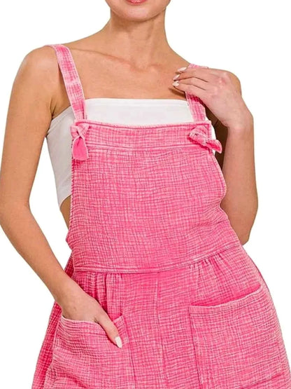 Woven Double Gauze Acid Washed Romper in FUCHSIA — detail view — Livostyle