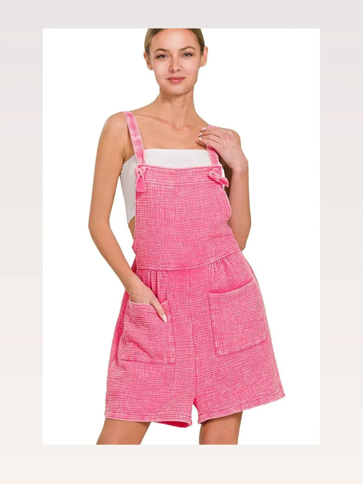 Woven Double Gauze Acid Washed Romper in FUCHSIA — styled showcase — Livostyle
