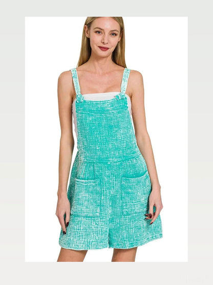 Woven Double Gauze Acid Washed Romper in TURQUOISE — styled showcase — Livostyle