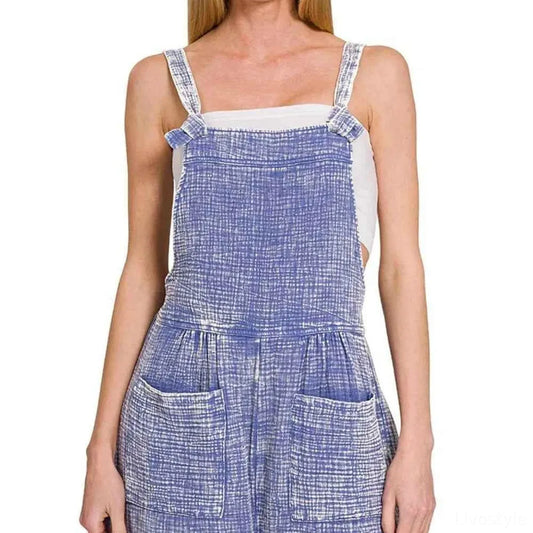 Woven Double Gauze Acid Washed Romper in MARLIN — square view — Livostyle