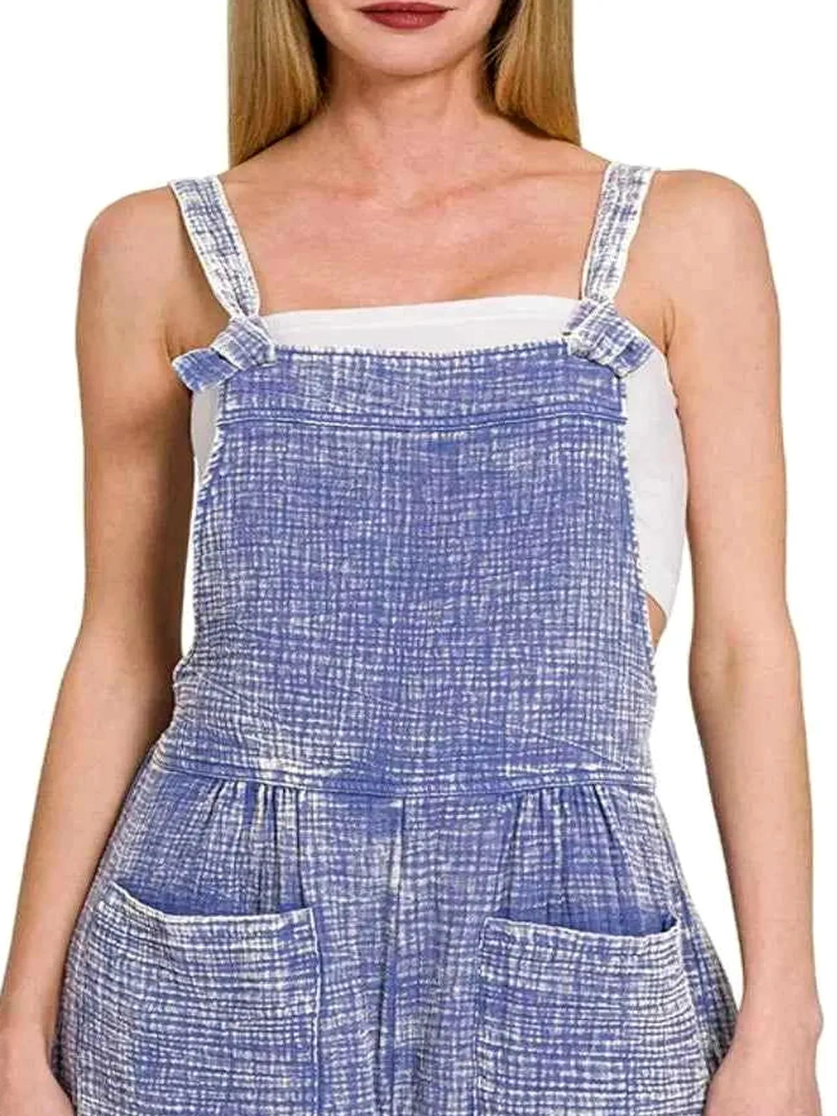Woven Double Gauze Acid Washed Romper in MARLIN — detail view — Livostyle