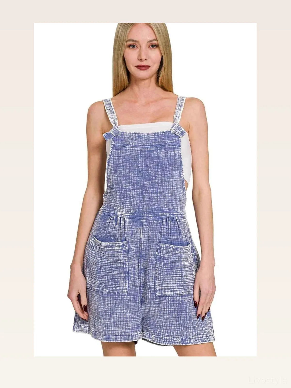 Woven Double Gauze Acid Washed Romper in MARLIN — styled showcase — Livostyle