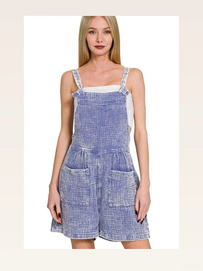Woven Double Gauze Acid Washed Romper in MARLIN — styled showcase — Livostyle