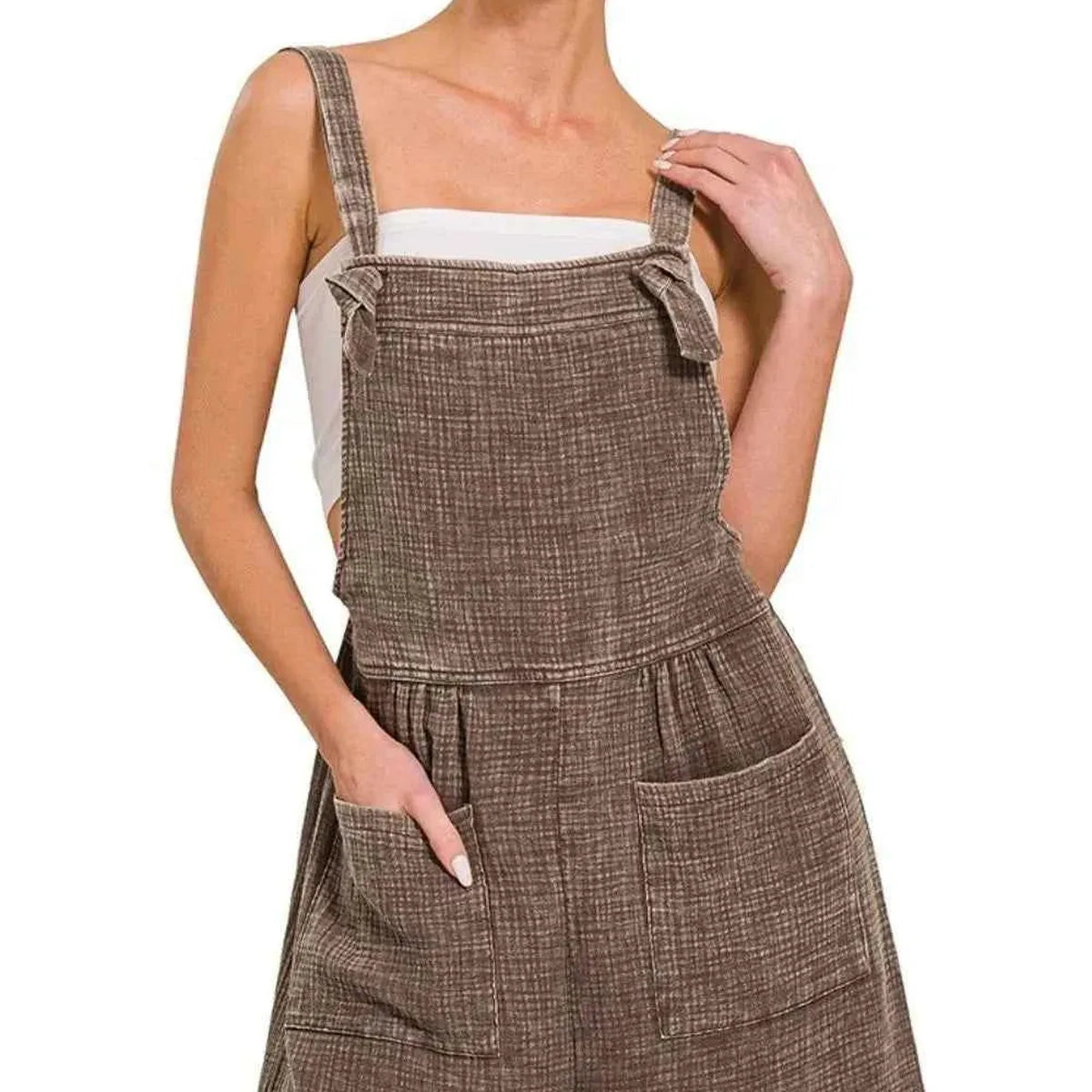 Woven Double Gauze Acid Washed Romper in BROWN — square view — Livostyle