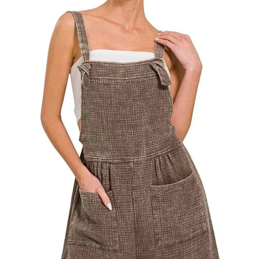 Woven Double Gauze Acid Washed Romper in BROWN — square view — Livostyle