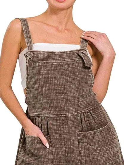 Woven Double Gauze Acid Washed Romper in BROWN — detail view — Livostyle
