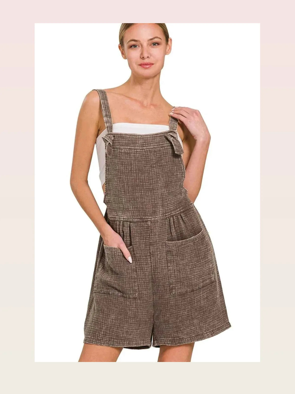 Woven Double Gauze Acid Washed Romper in BROWN — styled showcase — Livostyle