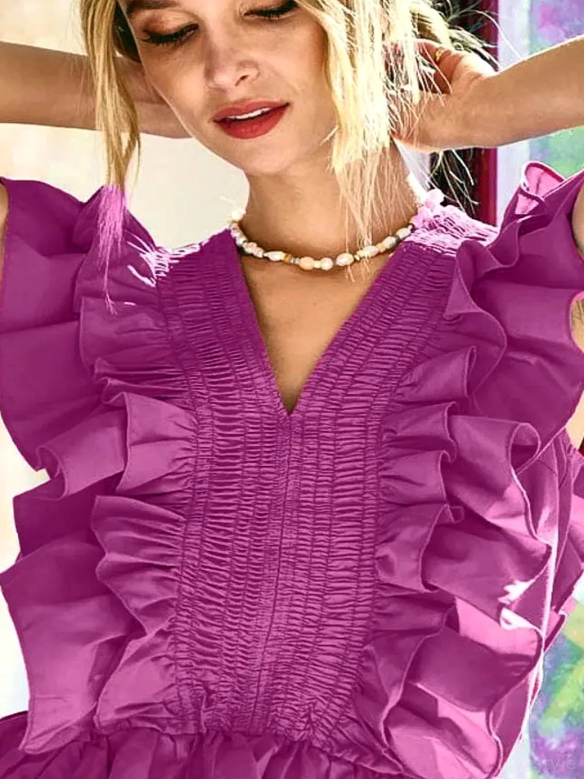 Woven Peplum Top with Ruffles and Smocked Detail – photo 2