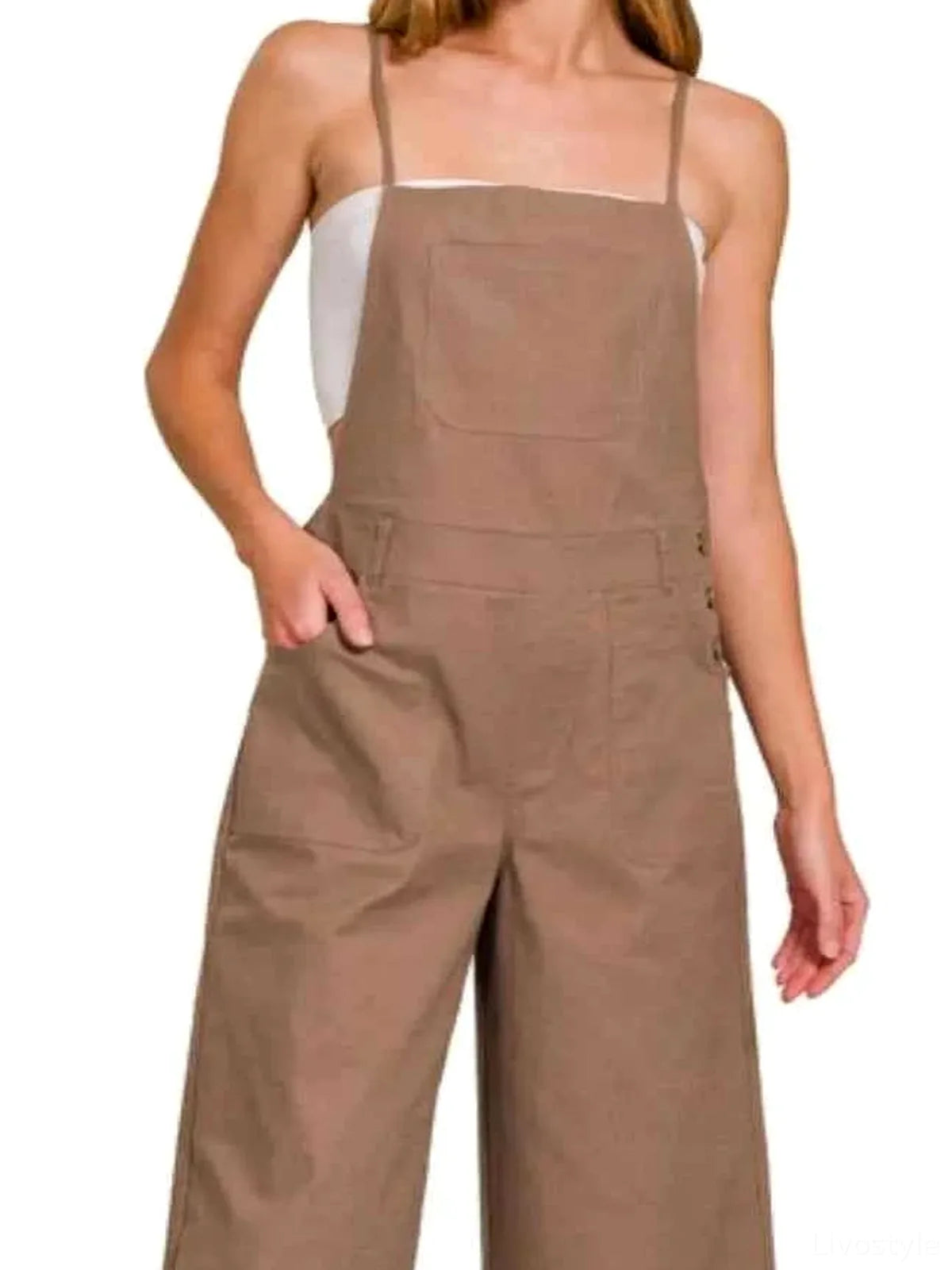 Woven Spaghetti Strap Overalls — detail view — Livostyle