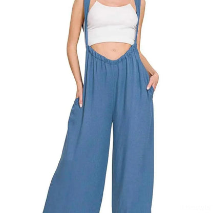 Woven Tie Back Suspender Jumpsuit with Pockets