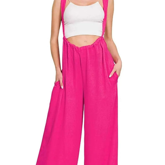 Woven Tie Back Suspender Jumpsuit in HOT PINK — square view — Livostyle