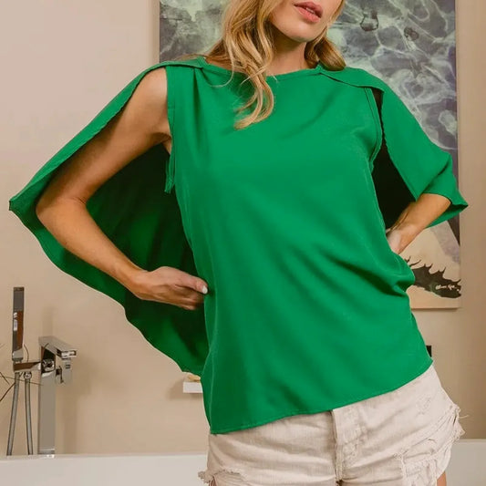 Elegant Emerald Woven Top with Unique Cape Detail — square view — Livostyle