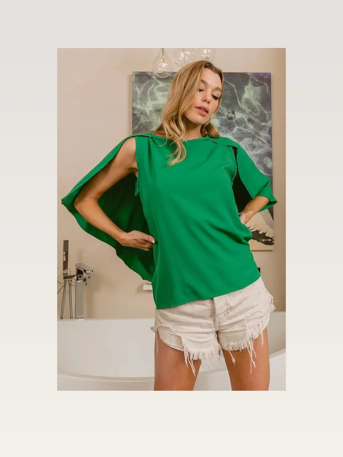 Elegant Emerald Woven Top with Unique Cape Detail — styled showcase — Livostyle