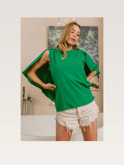 Elegant Emerald Woven Top with Unique Cape Detail — styled showcase — Livostyle