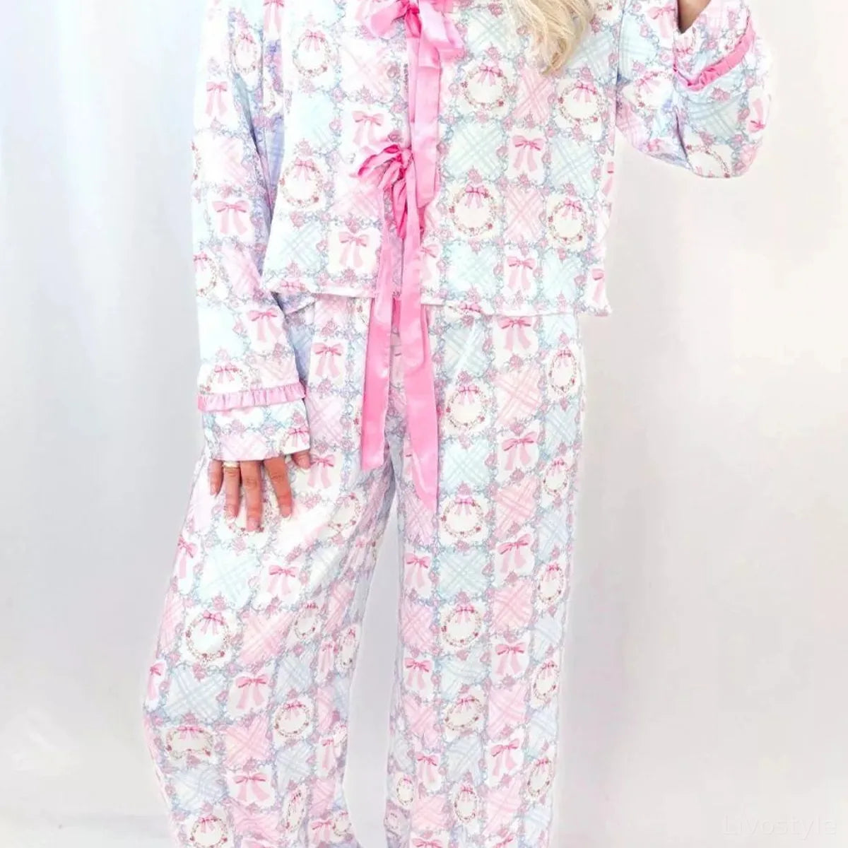 Wreath Pattern Christmas Tied Front Long Sleeve 2pcs Pajama  — square view — Livostyle