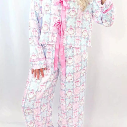 Wreath Pattern Christmas Tied Front Long Sleeve 2pcs Pajama  — square view — Livostyle