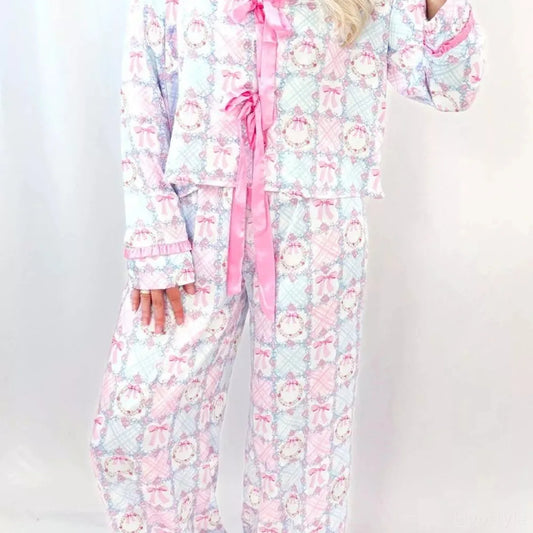 Wreath Pattern Christmas Tied Front Long Sleeve 2pcs Pajama  — square view — Livostyle