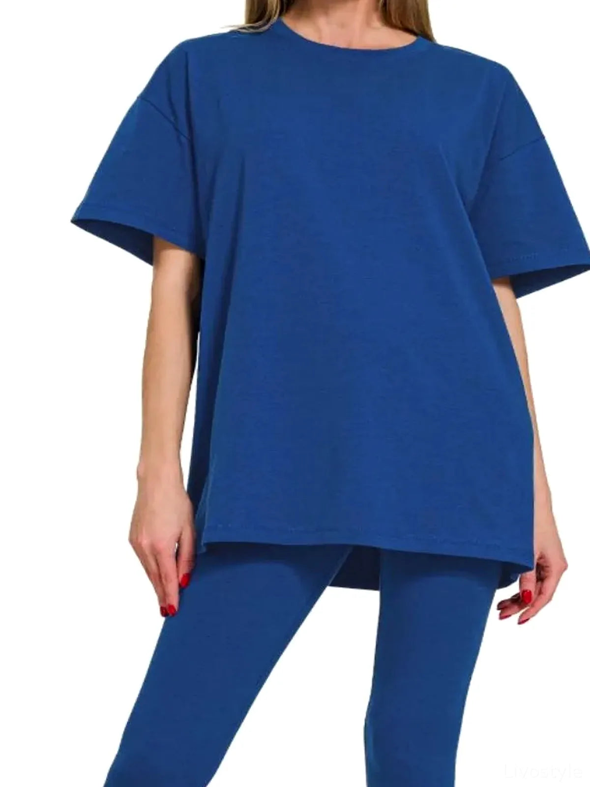 Cotton Round Neck Top & Legging Set in Lt Navy — detail view — Livostyle