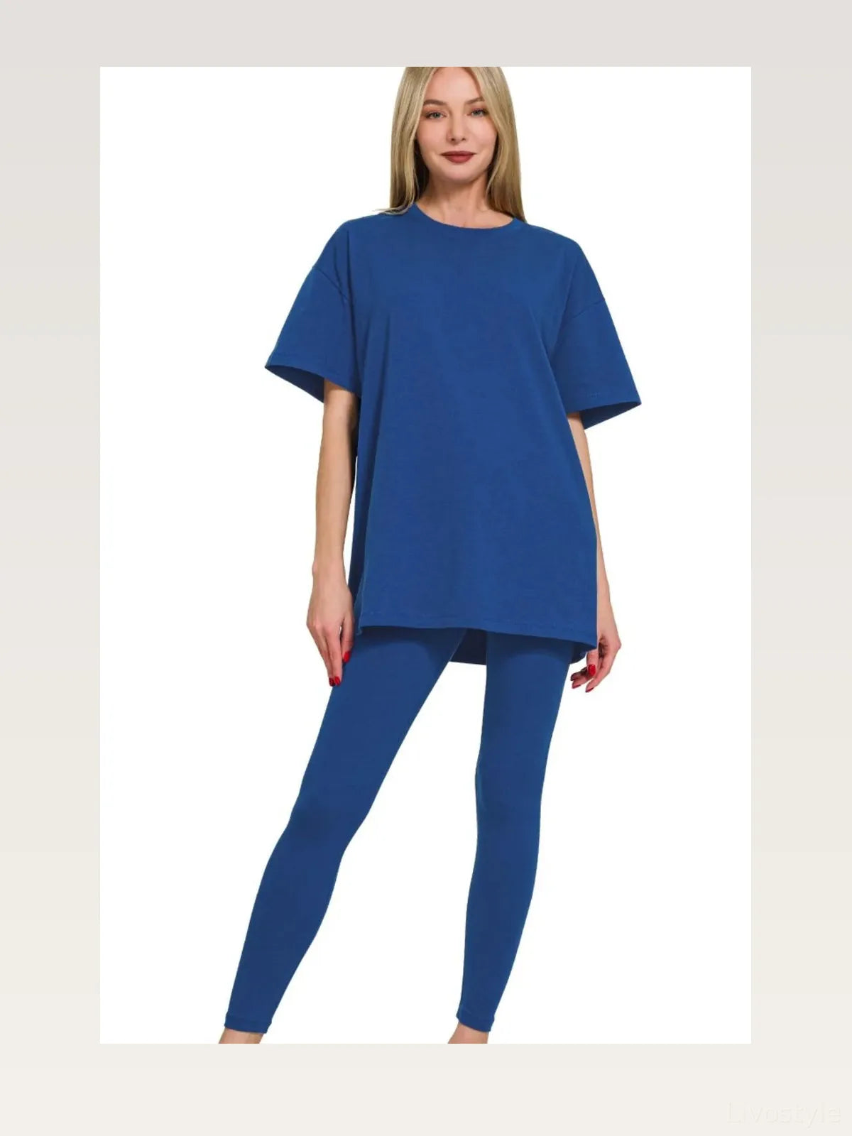 Cotton Round Neck Top & Legging Set in Lt Navy — styled showcase — Livostyle