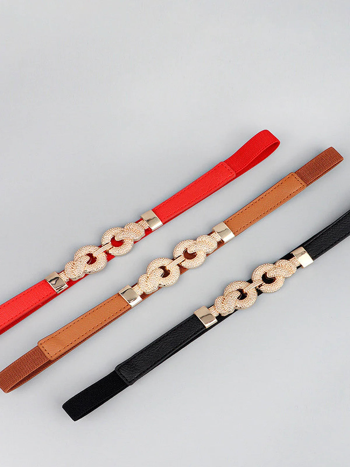 Caramel Elastic Zinc Alloy Buckle PU Belt — detail view — Livostyle