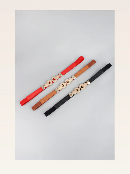 Caramel Elastic Zinc Alloy Buckle PU Belt — styled showcase — Livostyle