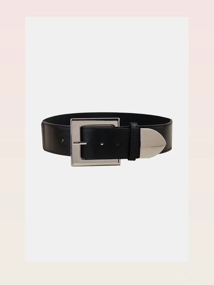 Black Square Buckle Zinc Alloy PU Leather Belt — styled showcase — Livostyle