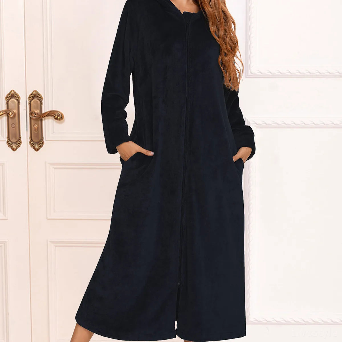 Zip Front Hooded Night Dress with Pockets in Black — square view — Livostyle