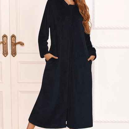 Zip Front Hooded Night Dress with Pockets in Black — square view — Livostyle