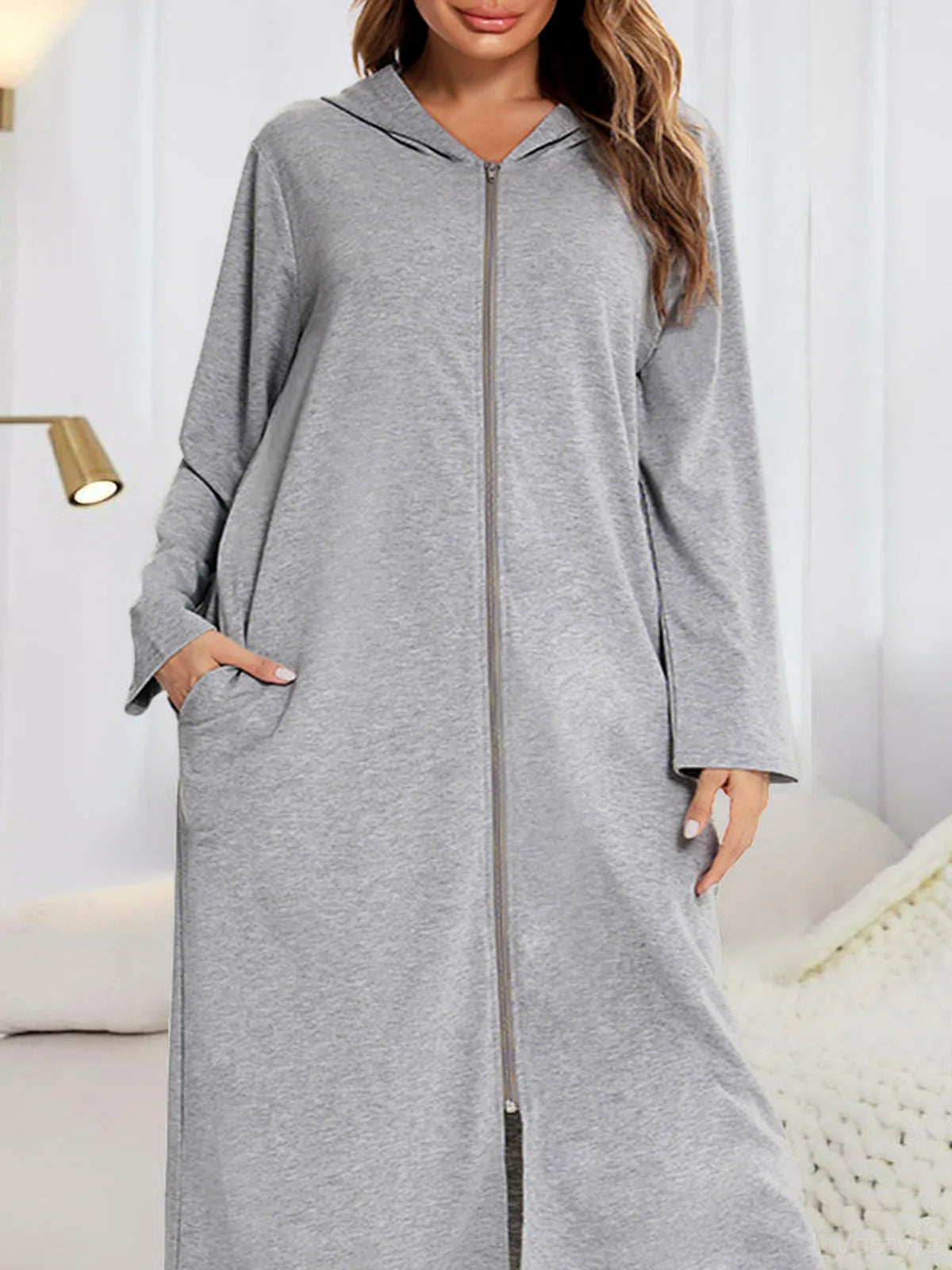 Zip Front Hooded Night Dress with Pockets in Light Gray — detail view — Livostyle