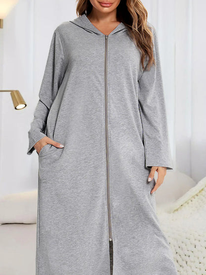 Zip Front Hooded Night Dress with Pockets in Light Gray — detail view — Livostyle