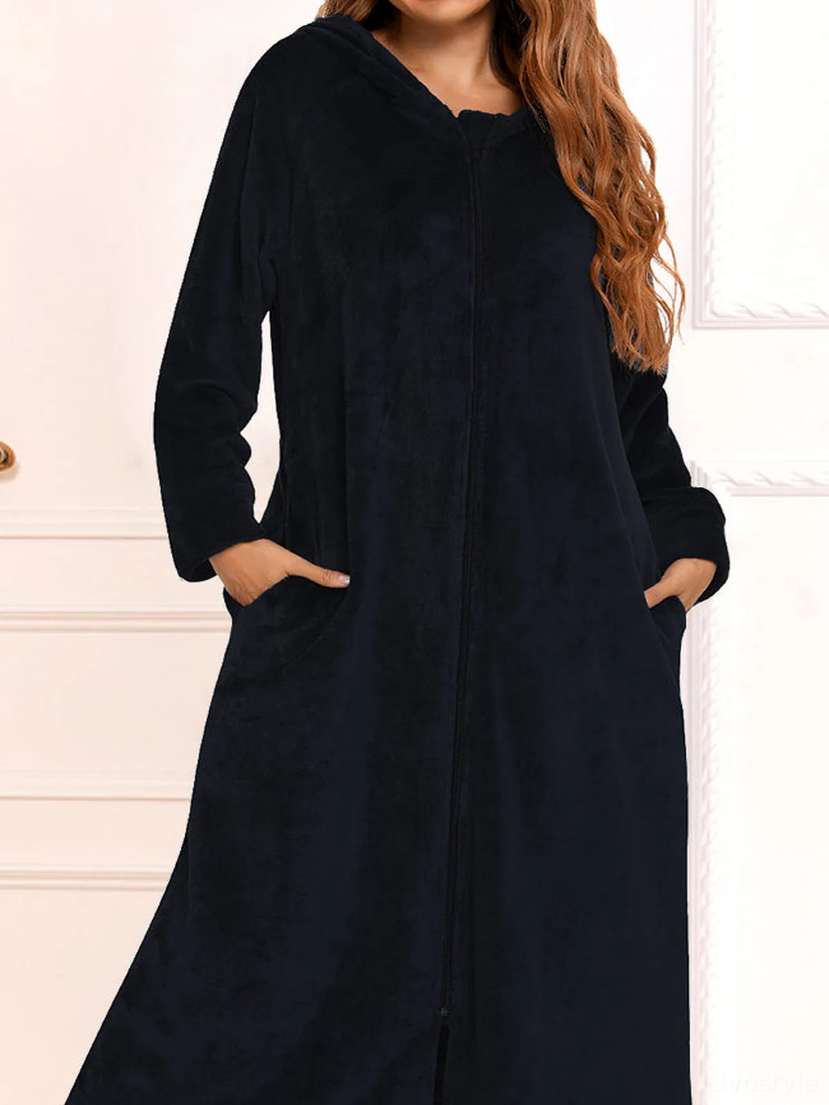 Zip Front Hooded Night Dress with Pockets in Black — detail view — Livostyle