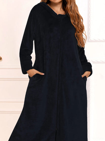 Zip Front Hooded Night Dress with Pockets in Black — detail view — Livostyle