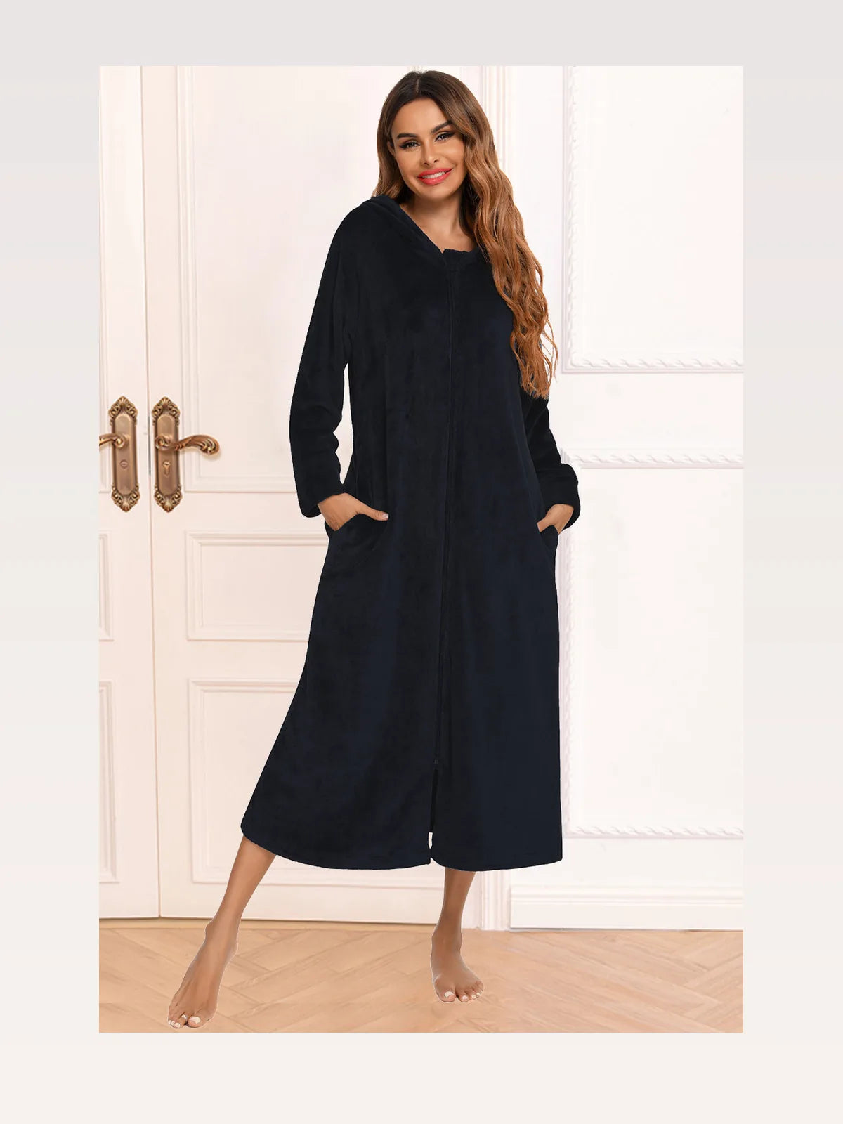 Zip Front Hooded Night Dress with Pockets in Black — styled showcase — Livostyle