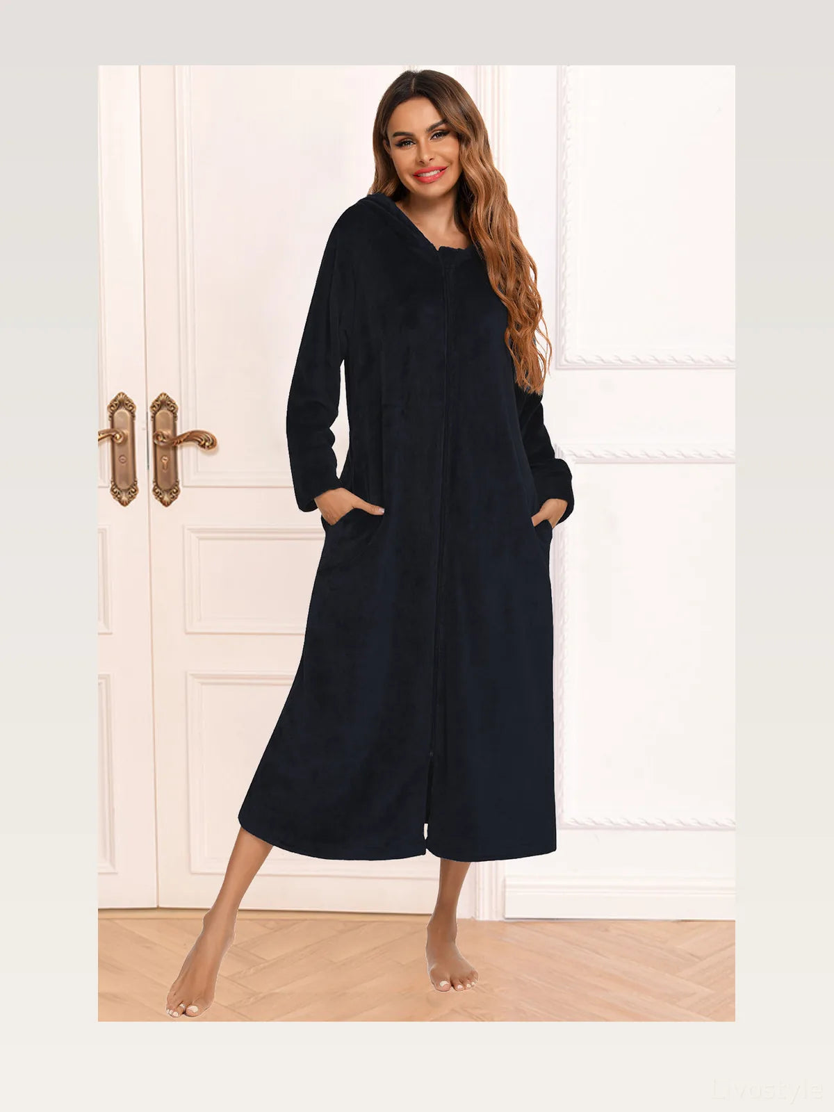 Zip Front Hooded Night Dress with Pockets in Black — styled showcase — Livostyle