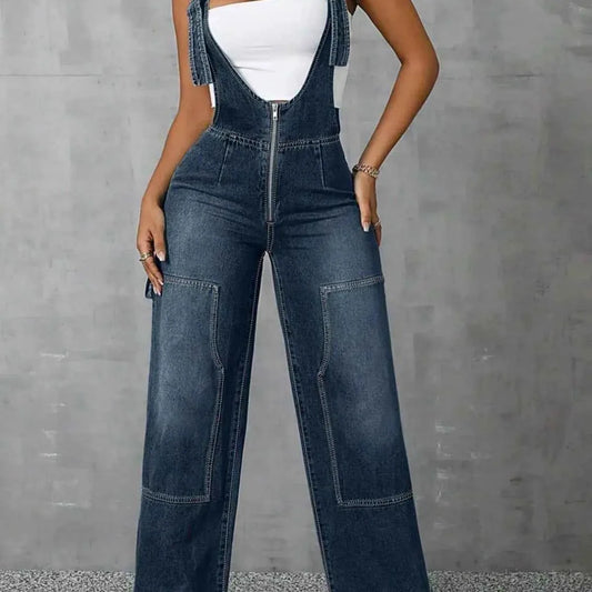 Zip Front Wide Strap Denim Overalls — square view — Livostyle