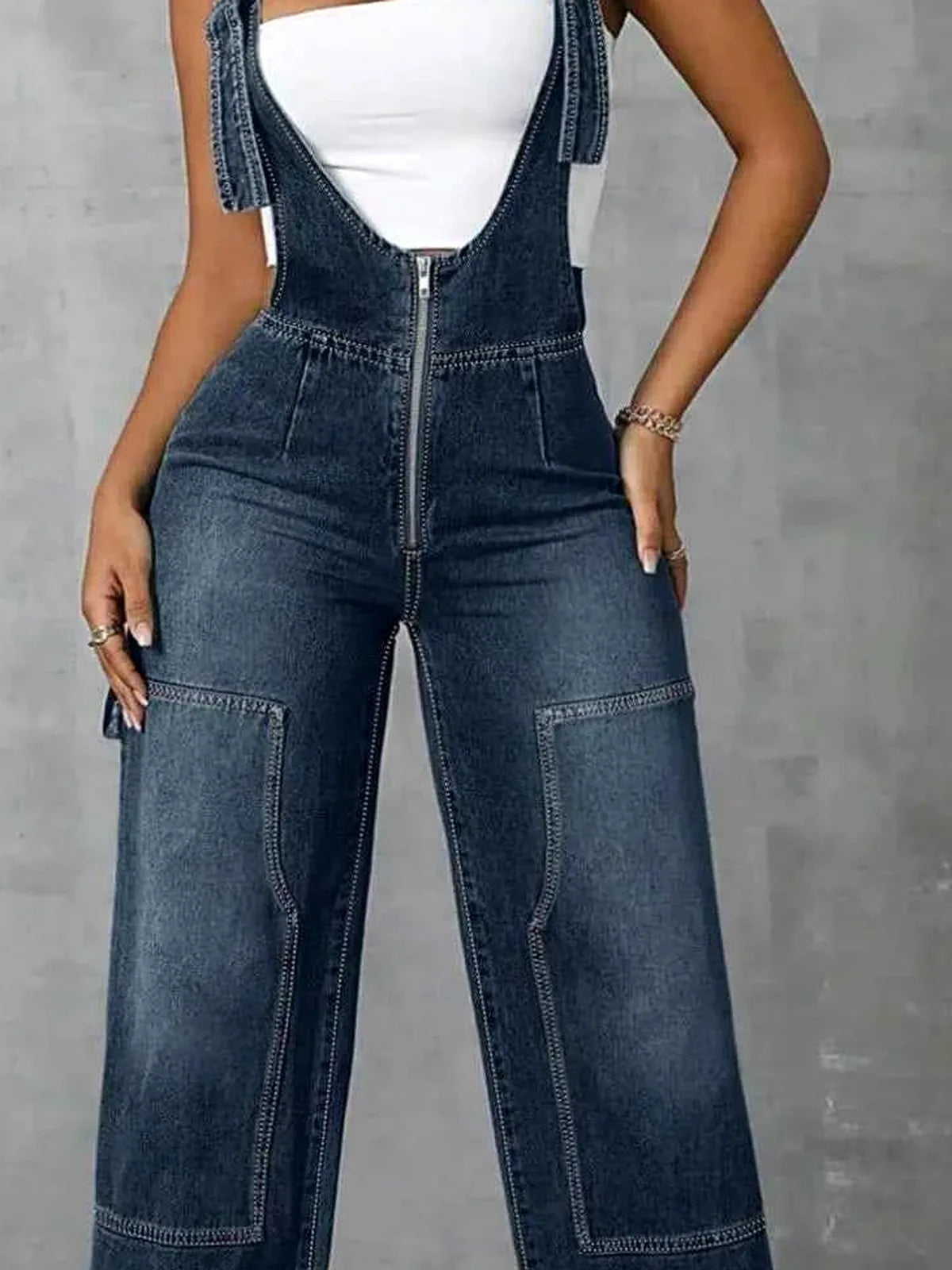 Zip Front Wide Strap Denim Overalls — detail view — Livostyle