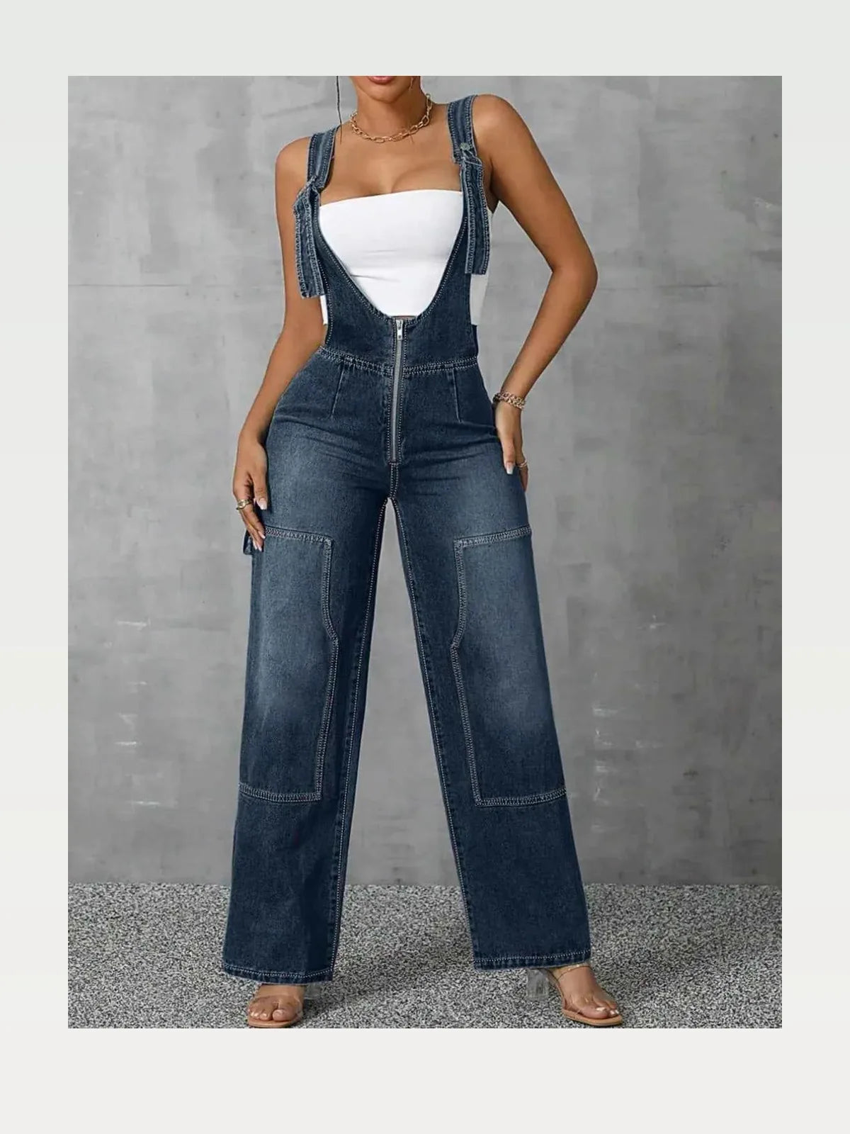 Zip Front Wide Strap Denim Overalls — styled showcase — Livostyle