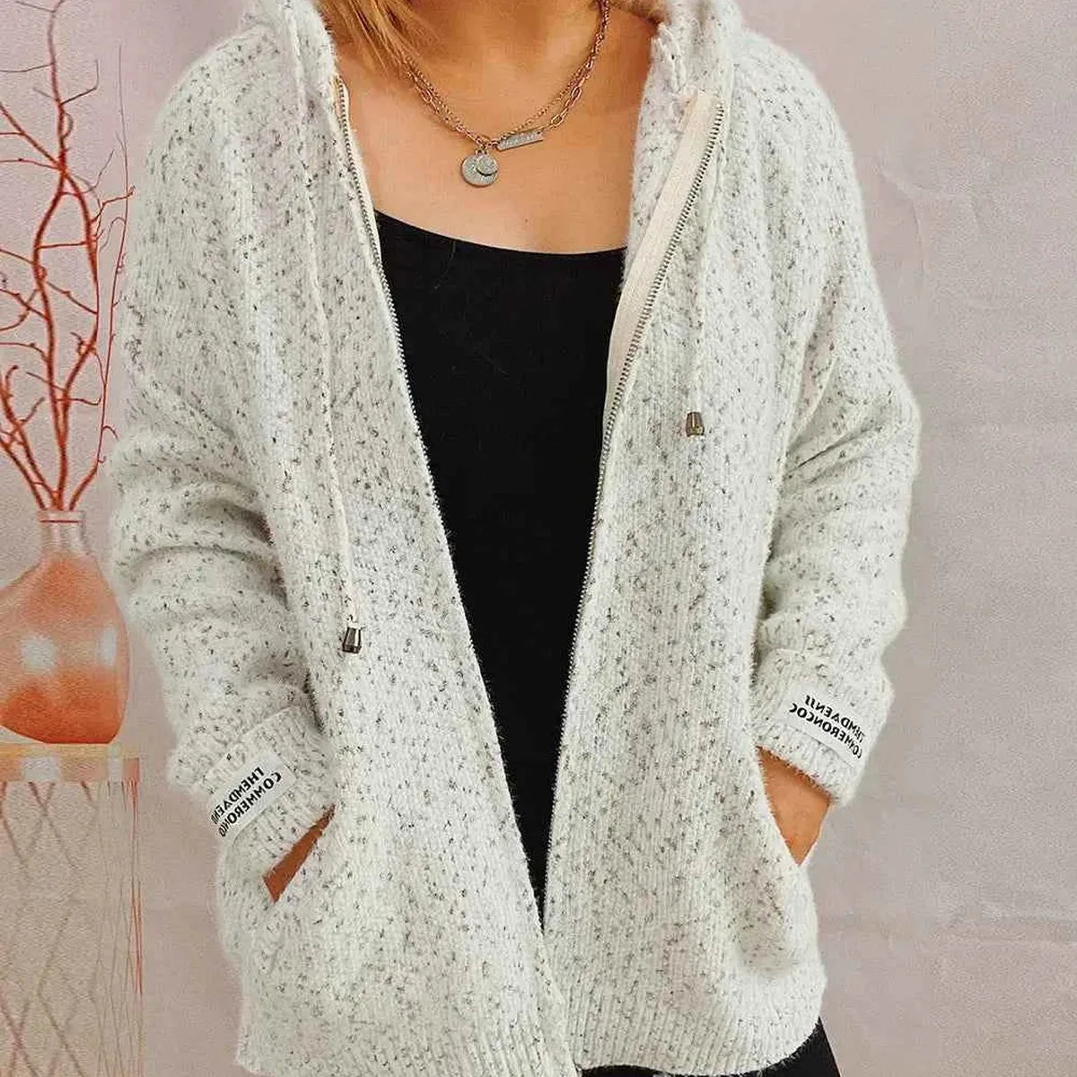 Zip Up Drawstring Long Sleeve Hooded Sweater — square view — Livostyle