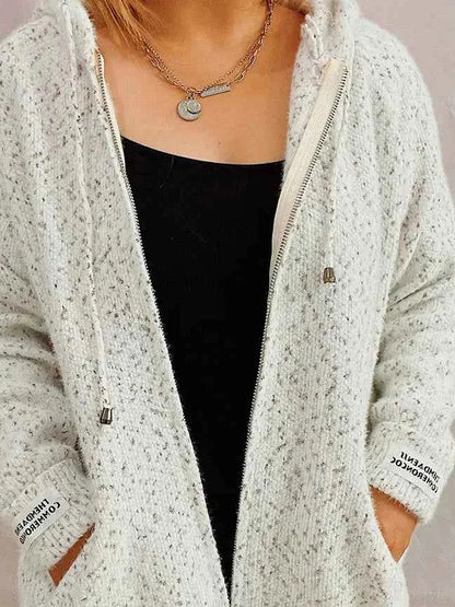 Zip Up Drawstring Long Sleeve Hooded Sweater — detail view — Livostyle