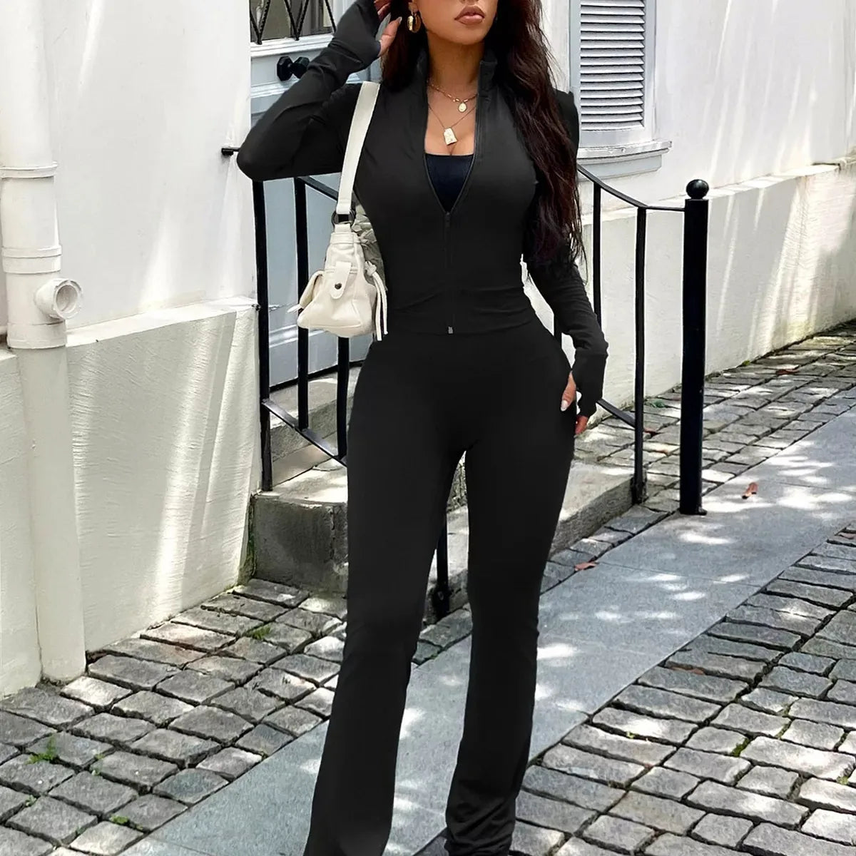 Zip Up Long Sleeve Outerwear and Pants Active Set — square view — Livostyle