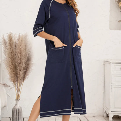 Zip Up Slit Round Neck Night Dress with Pockets — square view — Livostyle