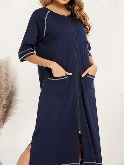 Zip Up Slit Round Neck Night Dress with Pockets — detail view — Livostyle